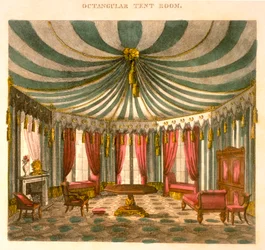 Salle de tente octogonale, du Guide du fabricant de meubles et du tapissier, étant un livre de dessin complet, Pub Jones et Co, Smith, George (1783-1869), 1826, gravure colorée